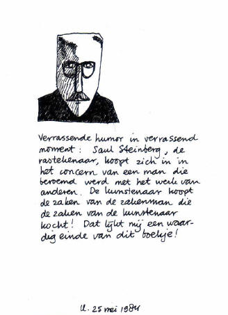verrassende humor in verrassend moment: saul steinberg, de rastekenaar, koopt zich in in het concern van een man die beroemd werd met het werk van anderen. De kunstenaar koopt de zaken van de zakenman die de zaken van de kunstenaar kocht! dat lijkt mij een waardig einde van dit boekje!