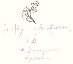 opdracht op de titelpagina van alles uit liefde - de handtekening is van ved, de rest schreef zijn vrouw erbij