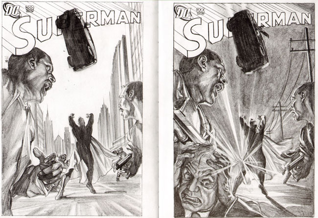 twee schetsversies van een supermancomic...
