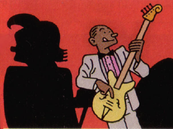 bassist met tong uit de mond...