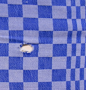 het blauwgeruite tafelkleedje…