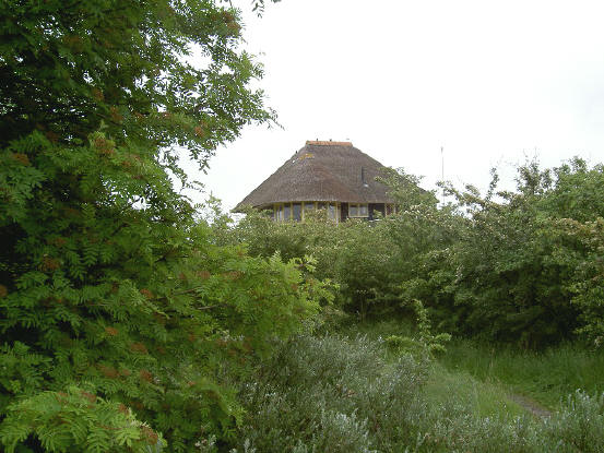 aan de overkant staat een enkel huis met een rieten dak...