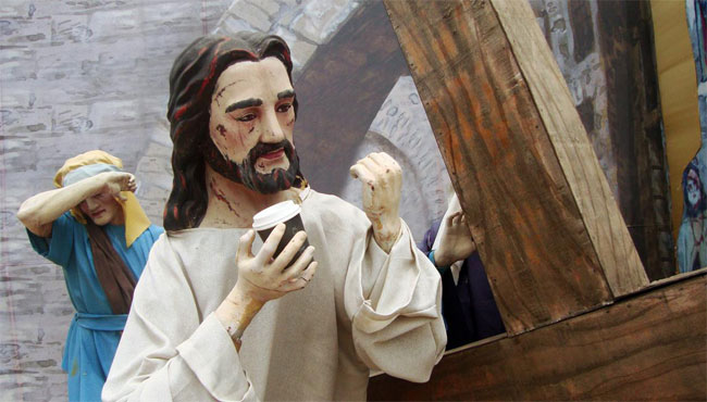 jezus met koffiebeker...