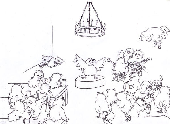 een zaal vol dikke vogels...