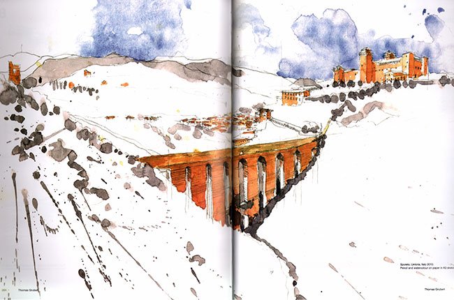 Thomas Grubert - Spoleto, Umbria, Italië 2013, potlood en waterverf op papier in A3 schetsboek