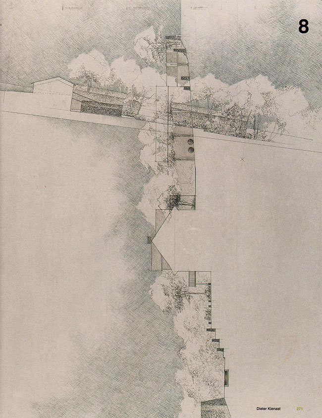 Dieter Kienast - Tuin M in Erlenbach, 1989, secties 1:100, 50,5 x 84 cm. Potlood en kleurpotlood op papier. Originele tekening Dieter Kienast 25.07.1989