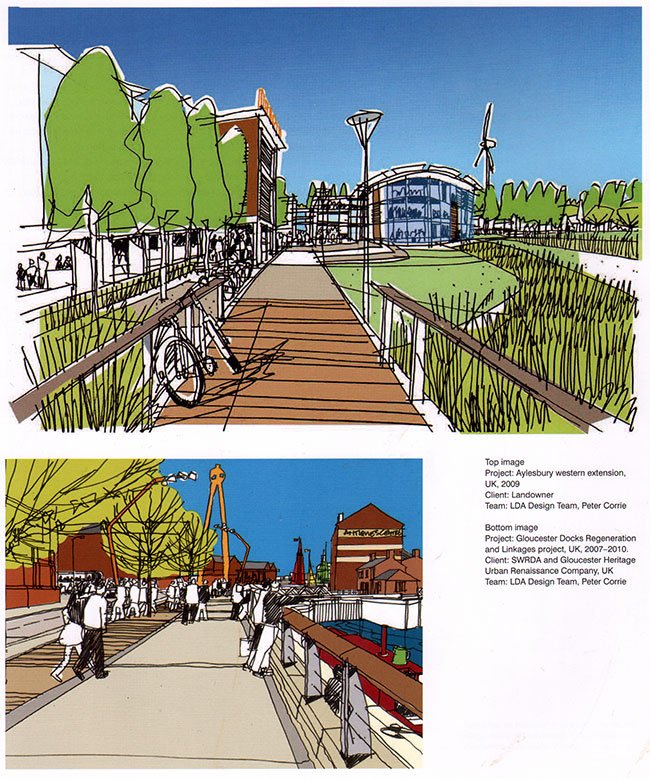 LDA Design team, Peter Corrie. Boven: Project Aylesbury western extension, UK, 2009, beneden: project Gloucester Docks Regeneration and Lingages, UK 2007-2010.
