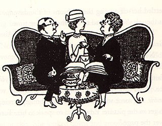 Tekening van NM Bodecker waarmee het tweede hoofdstuk van de jubileumeditie van Half Magic opent - moeder op de bank bij de stuffy Aunt Grace en Uncle Edwin