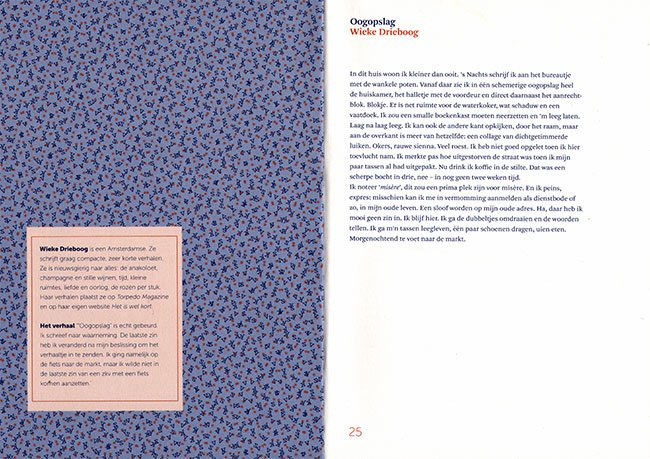 Links informatie over de schrijver, over het verhaal, rechts het verhaal. De vormgeving is, als altijd bij Uitgever AFdH perfect: subtiel, mooi en alles in dienst van de tekst, die zo aantrekkelijk mogelijk gepresenteerd wordt.