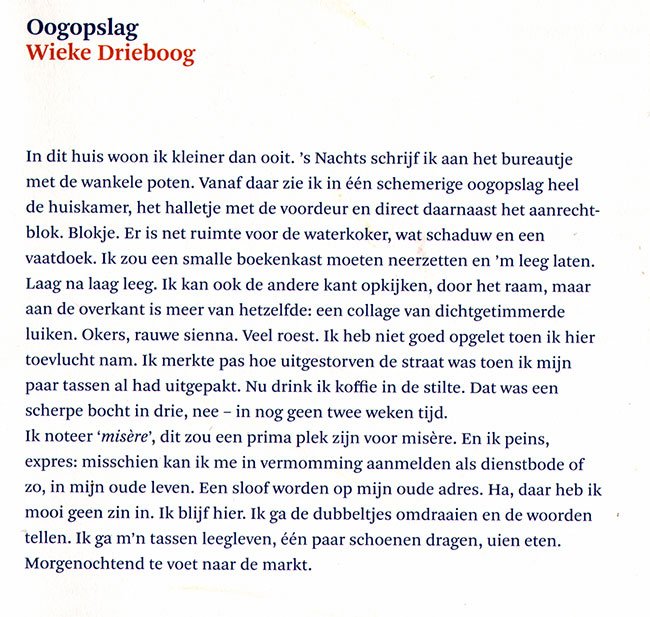 Het winnende verhaal van de A.L. Snijdersprijs 2014: Wieke Drieboog met het verhaal Oogopslag.