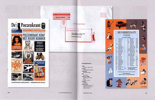Een dubbele pagina uit het Grote Boek van de Poezenkrant, en hier kun je goed zien dat vierkleurendruk zo zijn voordelen heeft. 