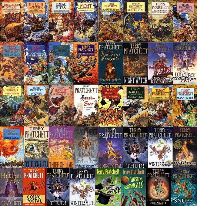 Een aantal van de discworldboeken (het zijn er inmiddels al zo'n veertig) in pocketuitvoeringen - je kunt ze in verschillende uitvoeringen krijgen tegenwoordig, ook in goedkope hardcovers met leeslint.