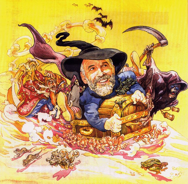 Terry Pratchett, getekend door Kirby, met Rincewind, Death, Luggage (de koffer op honderden voetjes) en meer - voor de liefhebbers van de Discworldboeken een mooi puzzelplaatje.