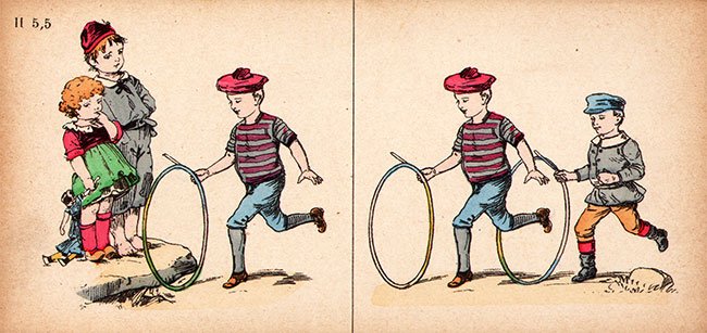 Bij dit soort kleurenplaatjes heb ik wat meer moeite om de diepte in de tekening te vinden, maar dat kan ook liggen aan de streep die tussen de tekeningen loopt.