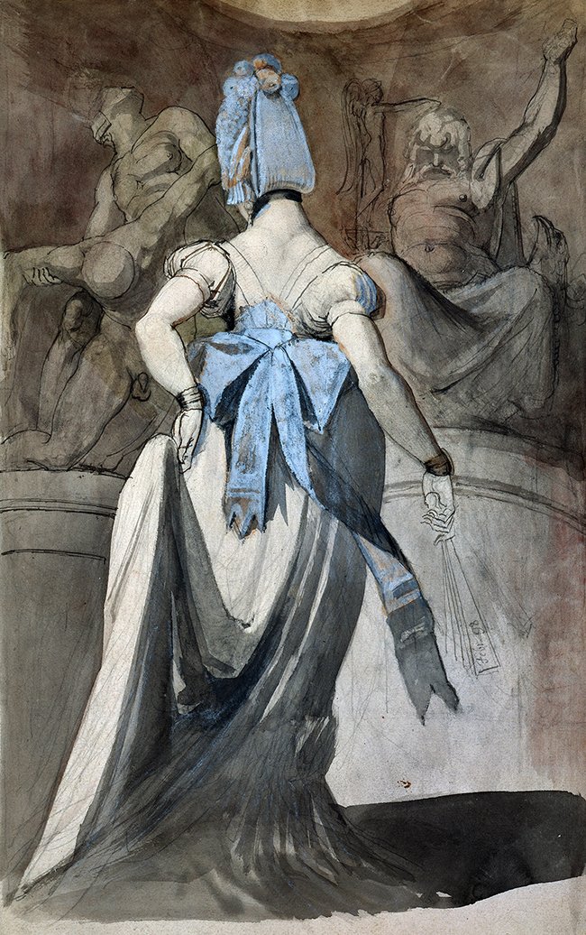 vrouw in beeldengalerij,