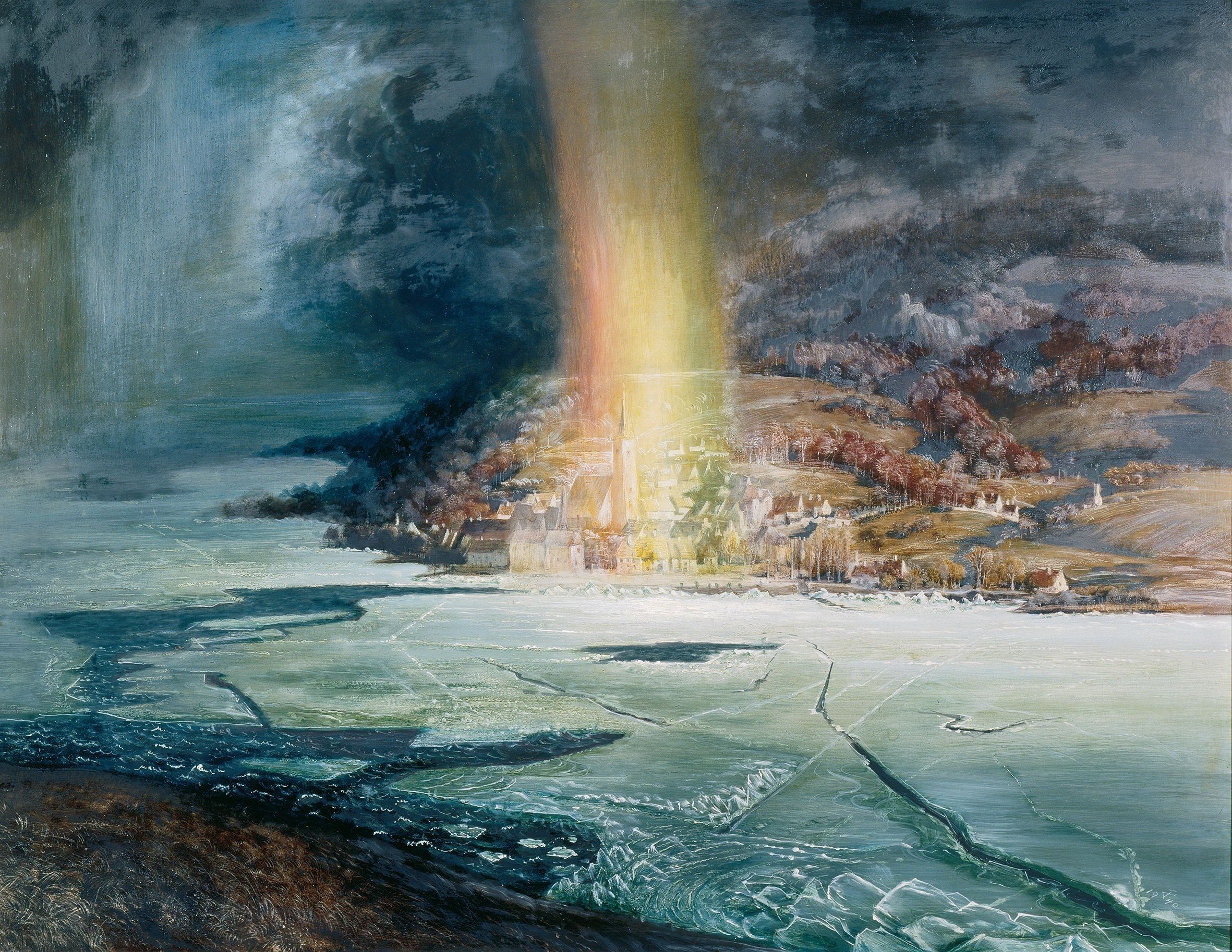 Brekend ijs Brekend ijs met regenboog boven Steckborn,