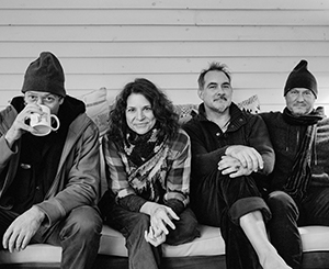 Kris Delmhorst & band (b&w horizontal, photo by Louise Bichan) (left to right, Erik Koskinen, KD, Ray Rizzo, Jeremy Moses Curtis)